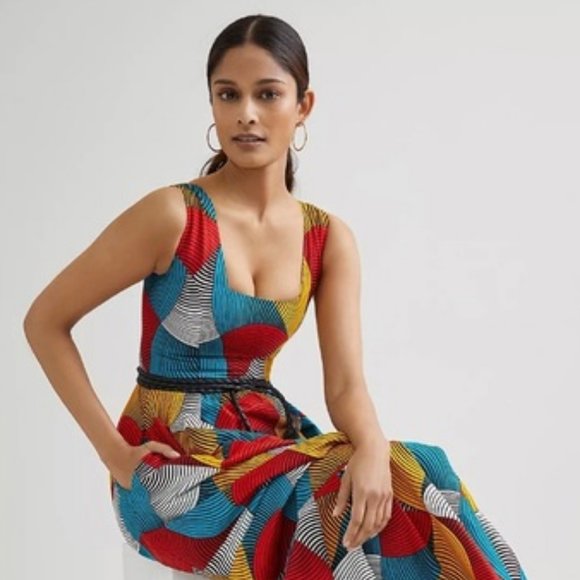 Anthro SIKA Geometric Tiered Maxi Dress Blue 4 - Picture 1 of 7